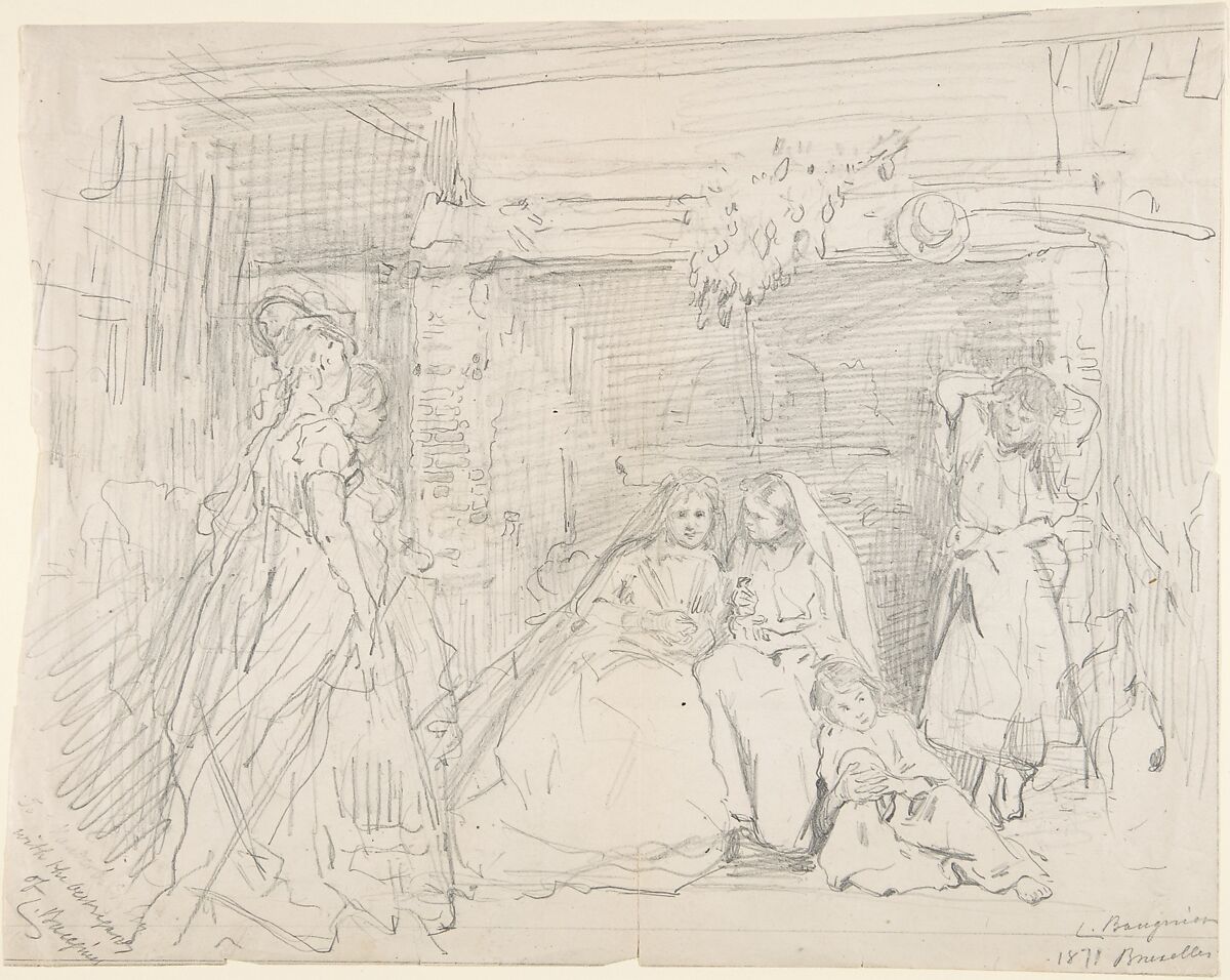 Interior with Figures before a Fireplace, Charles Baugniet (Belgian, 1814–1886), Graphite. 