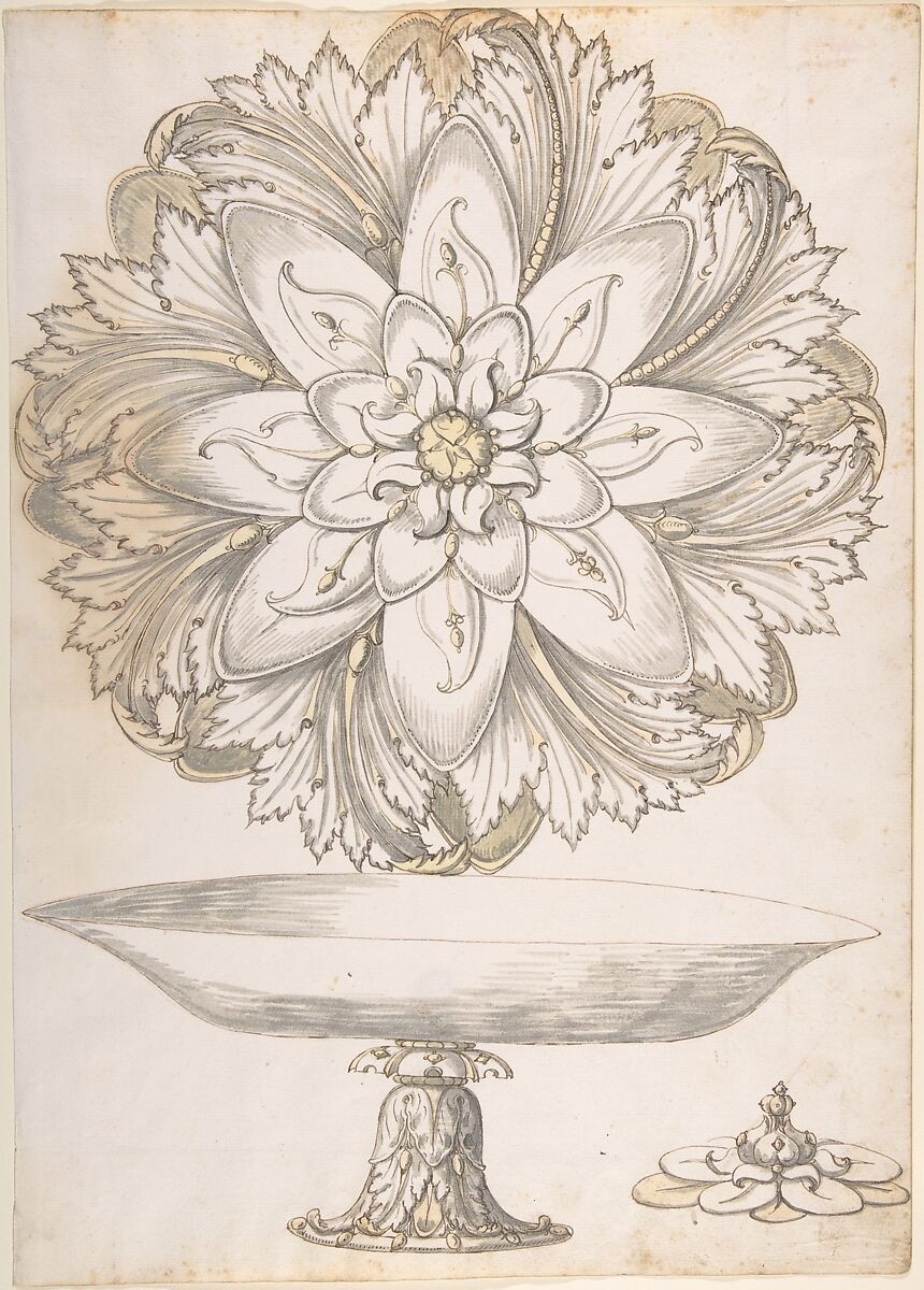 Design for Single Footed Dish with Cover Shaped like Flower and Foliage, Erasmus Hornick (Netherlandish, Antwerp ca. 1520–1583 Prague), Pen and brown ink, brush and gray and yellow wash over red chalk 