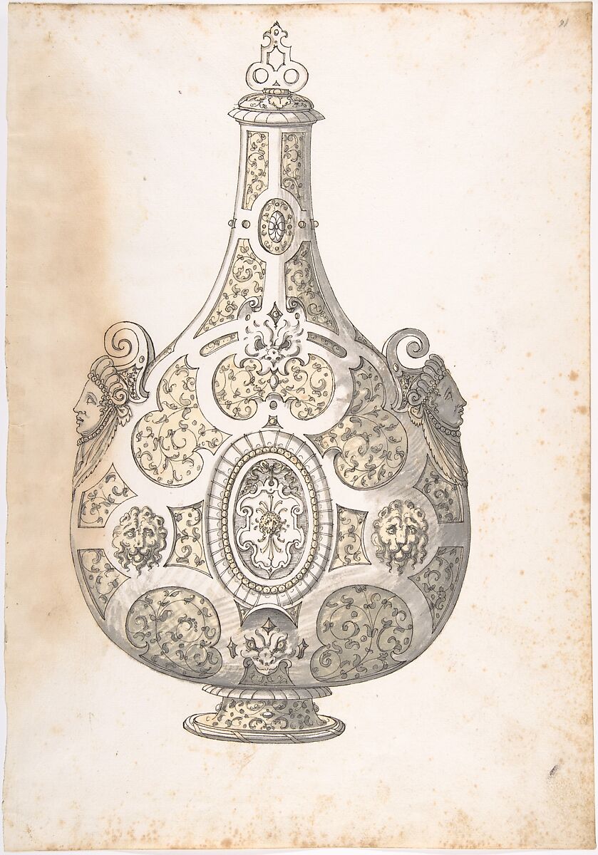Design for a Silver- gilt Flask Decorated with Strapwork, Masks, Moresques, Erasmus Hornick (Netherlandish, Antwerp ca. 1520–1583 Prague), Pen and black ink, brush and gray and yellow wash over black chalk 