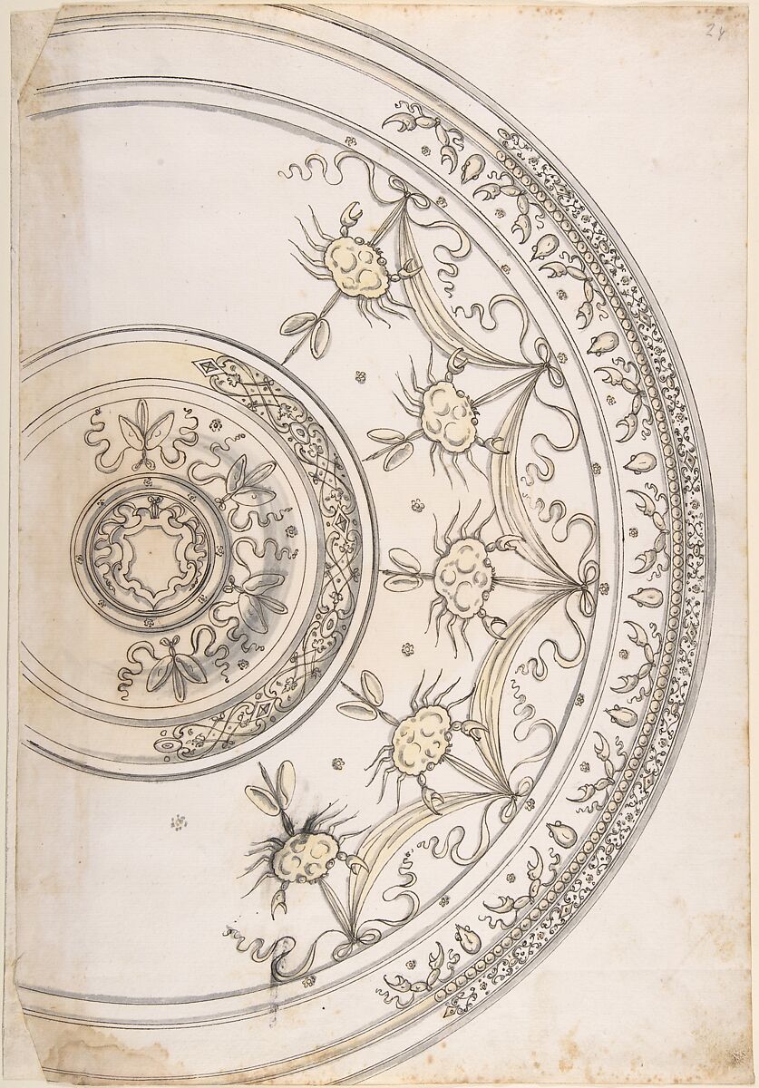 Design for Silver Plate Decorated with Crabs, Erasmus Hornick (Netherlandish, Antwerp ca. 1520–1583 Prague), Pen and black ink, brush and gray and yellow wash 