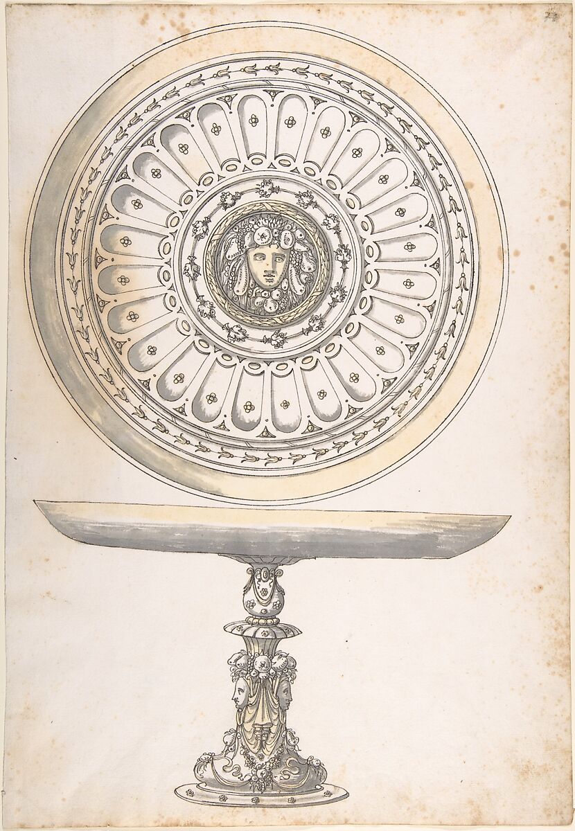 Shallow Round Dish on tall Pedestal Decorated with Fruit and Female Masks, Erasmus Hornick (Netherlandish, Antwerp ca. 1520–1583 Prague), Pen and black ink, brush and gray and yellow wash 