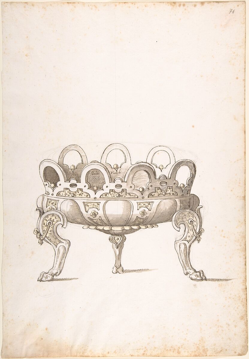 Design for Shallow Round Dish on Three Legs, Erasmus Hornick (Netherlandish, Antwerp ca. 1520–1583 Prague), Pen and black ink, tan and yellow wash, over black chalk 