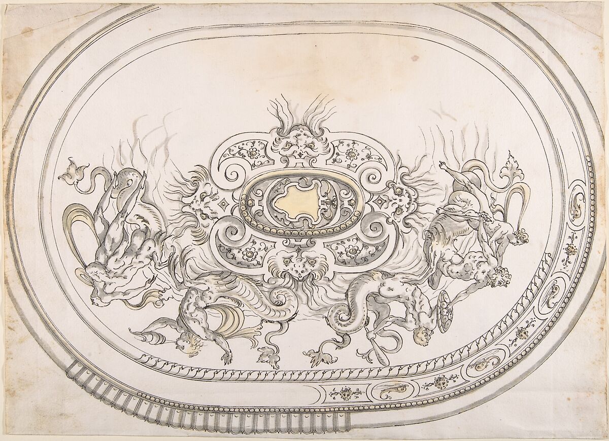 Design for a Platter with Battling Tritons and Sea Nymphs, Erasmus Hornick (Netherlandish, Antwerp ca. 1520–1583 Prague), Pen and black ink, brush with gray and yellow wash 
