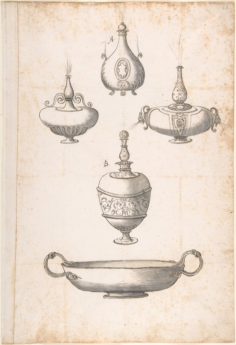Design for Shallow Two Handled Dish and Four Perfume Bottles, Erasmus Hornick (Netherlandish, Antwerp ca. 1520–1583 Prague), Pen and black ink, brush and gray wash over black chalk 
