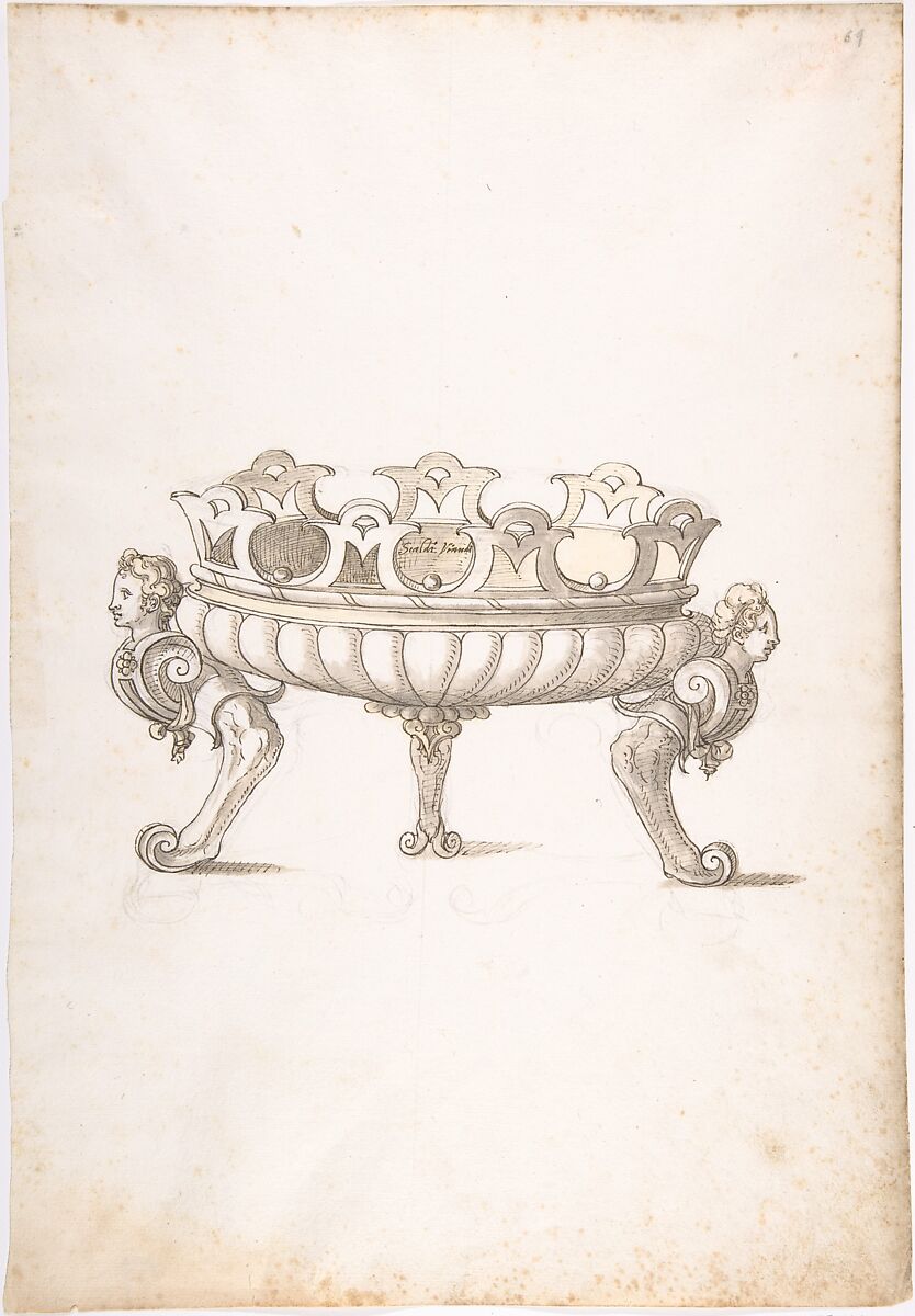 Design for a Bronze Vessel, Erasmus Hornick (Netherlandish, Antwerp ca. 1520–1583 Prague), Pen and brown ink, brush with gray and yellow wash over black chalk 