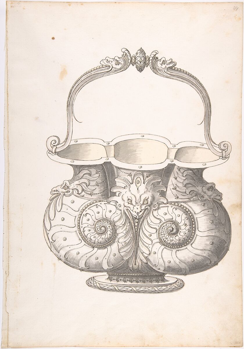 Design for a Bucket, Erasmus Hornick (Netherlandish, Antwerp ca. 1520–1583 Prague), Pen and black ink, brush with yellow and gray wash over traces of red and black chalk 