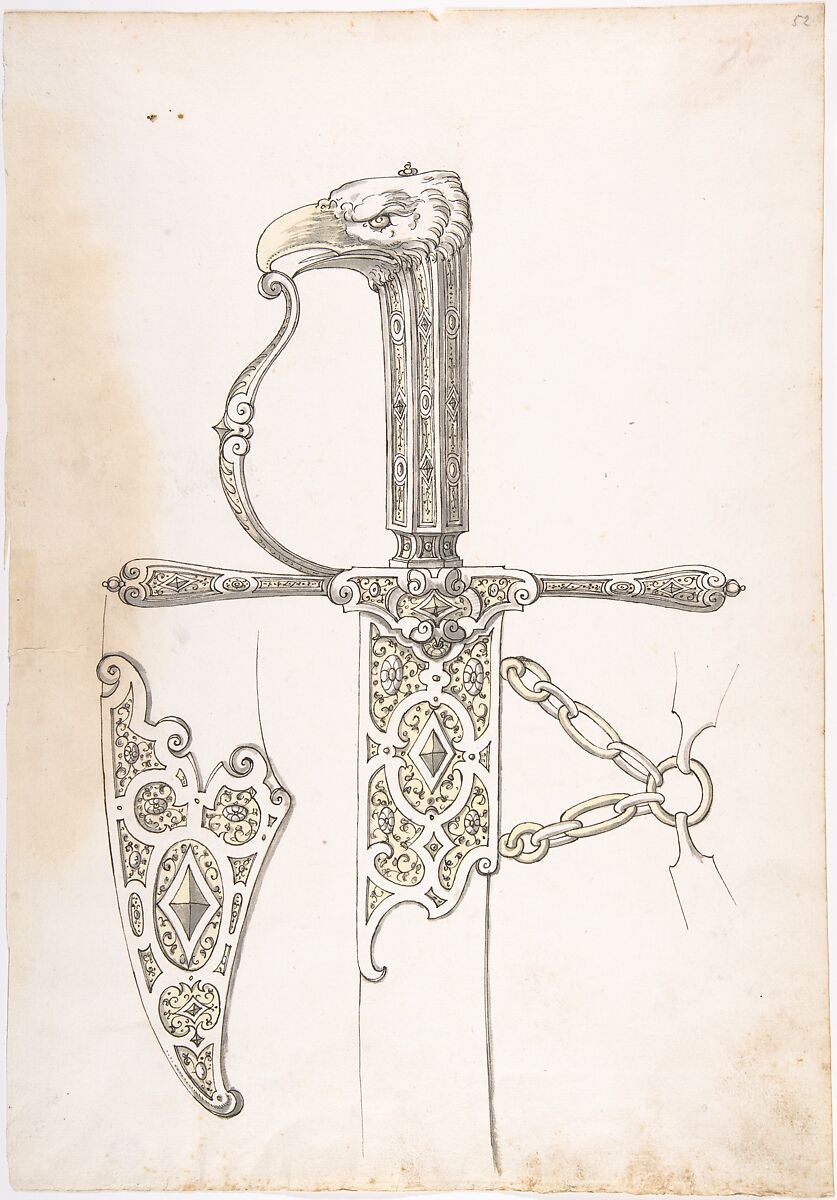Design for a Sword, Erasmus Hornick (Netherlandish, Antwerp ca. 1520–1583 Prague), Pen and black ink, brush with gray and yellow wash over black chalk 