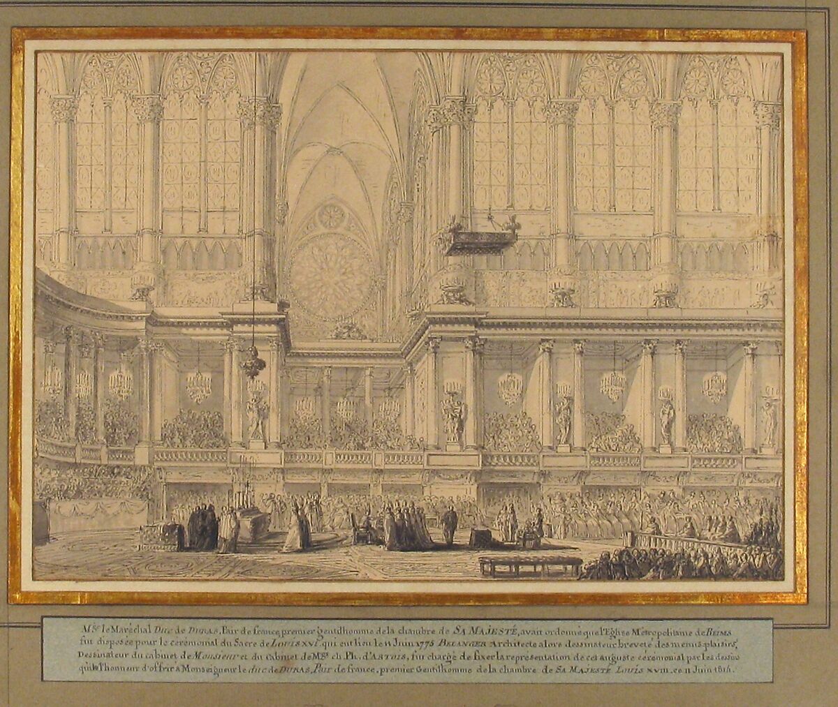 The Anointing of Louis XVI at His Coronation in Reims Cathedral, June 11, 1775, François Joseph Belanger (French, Paris 1744–1818 Paris), Pen and black ink, with brush and gray wash, over light indications made with a stylus.  Framing lines in pen and brown ink.