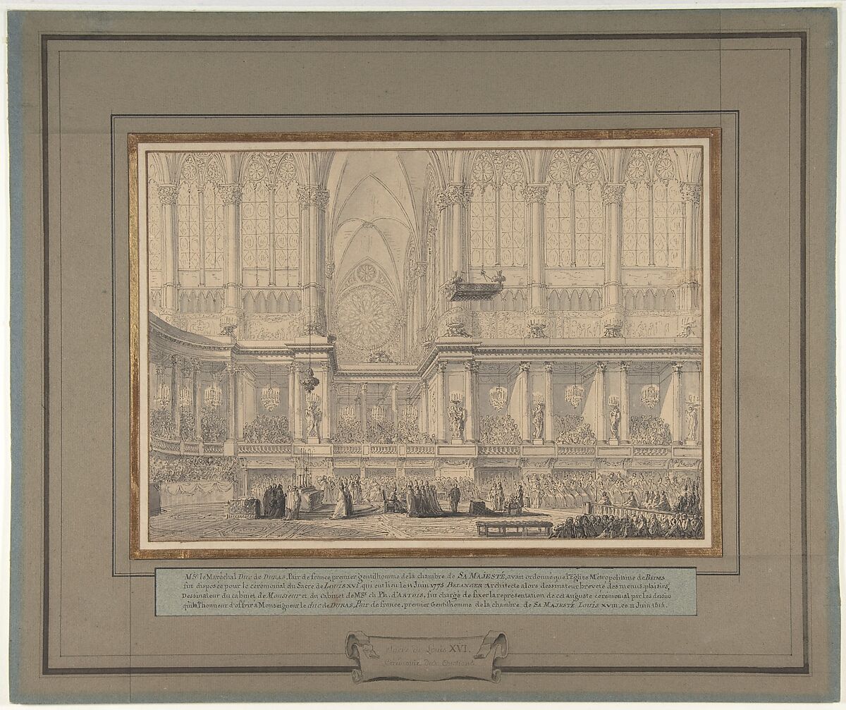 The Anointing of Louis XVI at His Coronation in Reims Cathedral, June 11, 1775, François Joseph Belanger (French, Paris 1744–1818 Paris), Pen and black ink, with brush and gray wash, over light indications made with a stylus.  Framing lines in pen and brown ink. 