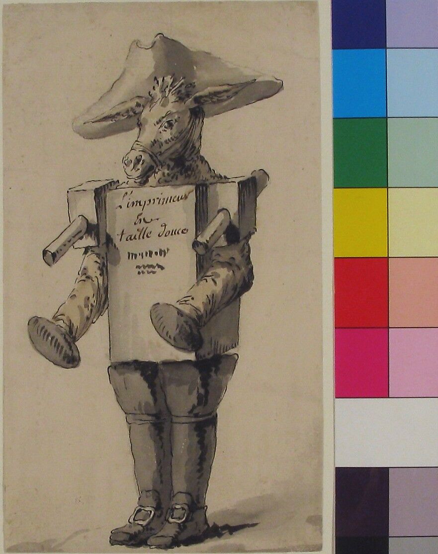 Caricature of a Printer, Jean Charles Delafosse (French, Paris 1734–1789 Paris), Pen and black ink, brush and gray and colored wash, over traces of black chalk