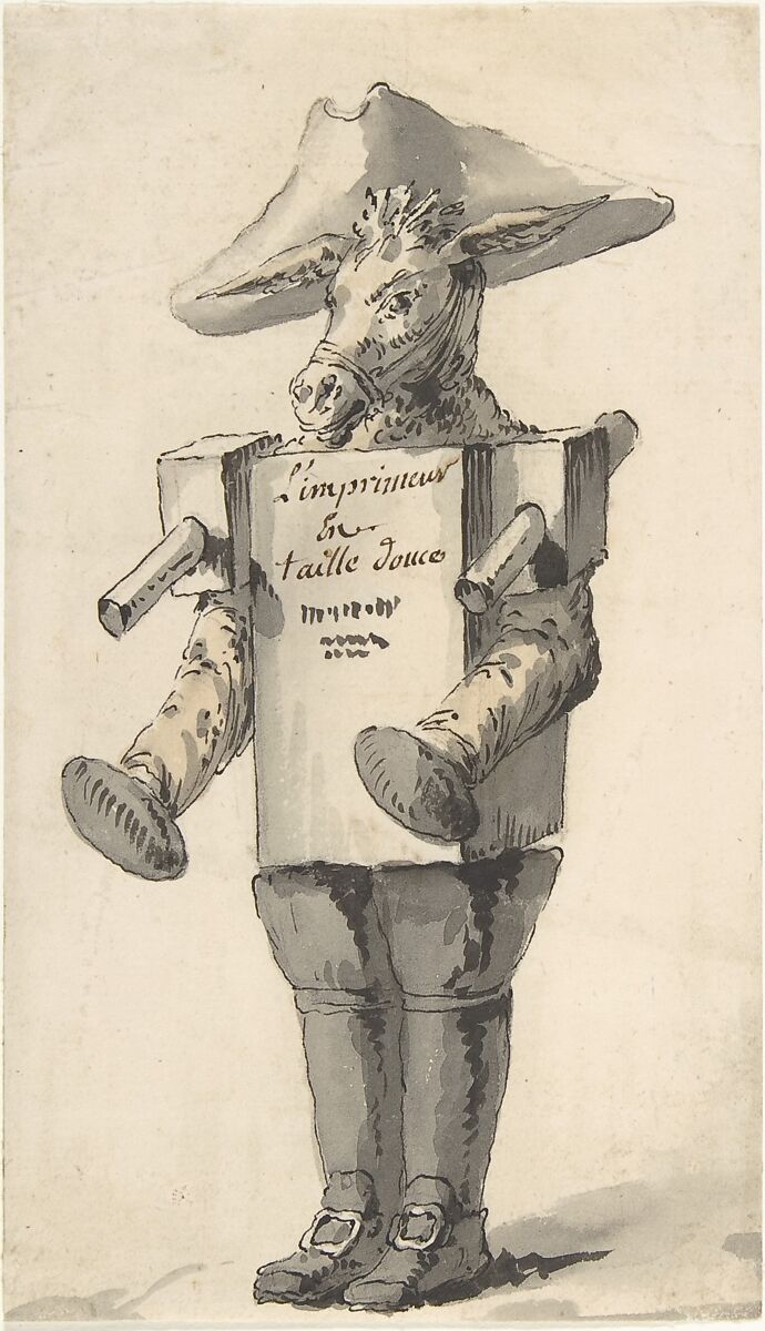 Caricature of a Printer, Jean Charles Delafosse (French, Paris 1734–1789 Paris), Pen and black ink, brush and gray and colored wash, over traces of black chalk 