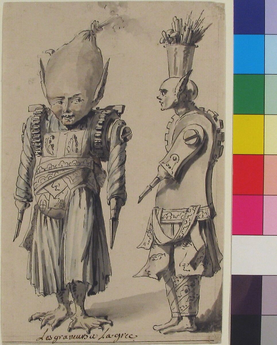 Caricature of Engravers "à la Grecque", Jean Charles Delafosse (French, Paris 1734–1789 Paris), Pen and black ink with brush and gray and colored  wash over traces of black chalk