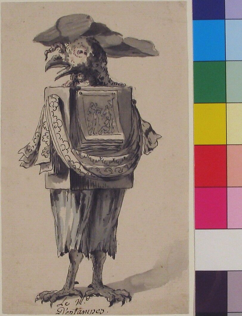 Caricature of a Print seller, Jean Charles Delafosse (French, Paris 1734–1789 Paris), Pen and black ink, brush and gray and colored wash over traces of black chalk