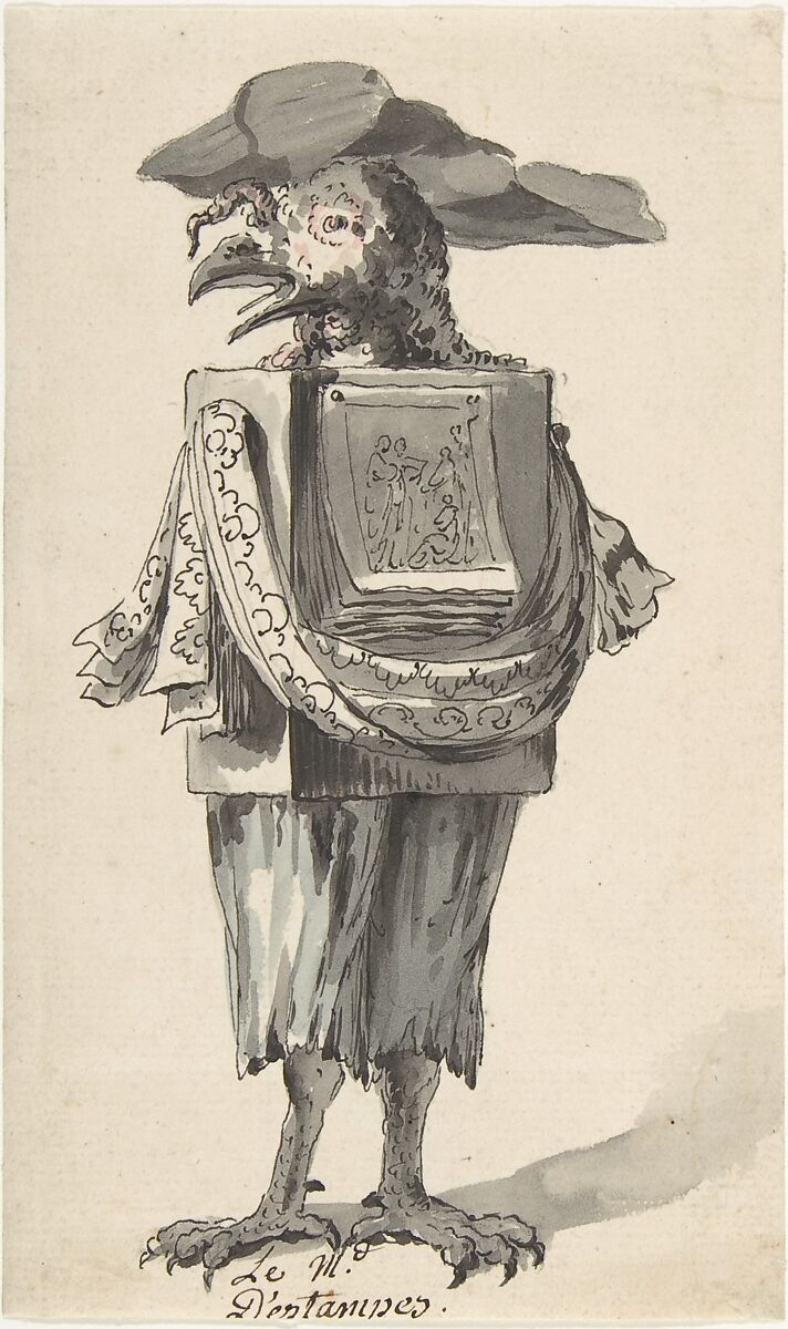 Caricature of a Print seller, Jean Charles Delafosse (French, Paris 1734–1789 Paris), Pen and black ink, brush and gray and colored wash over traces of black chalk 