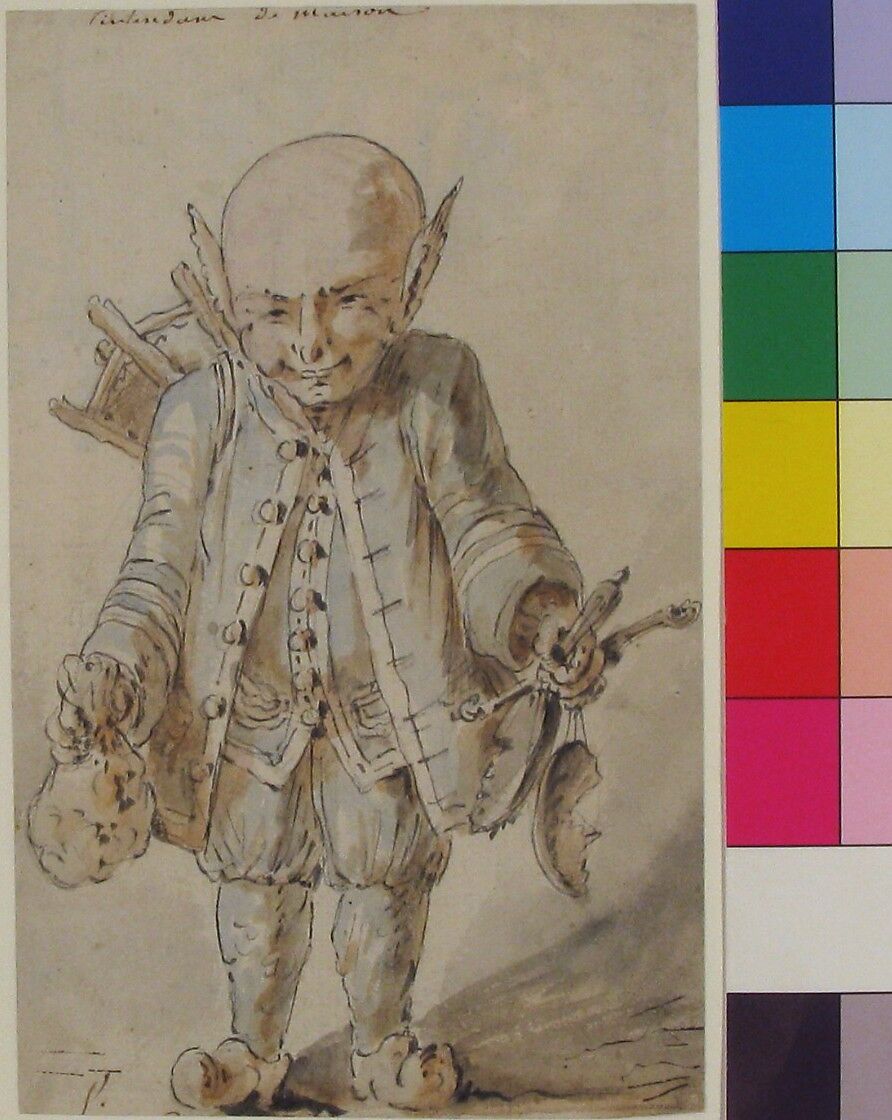 Caricature of a Junkman (recto); Caricature of a School Master (verso), Jean Charles Delafosse (French, Paris 1734–1789 Paris), Pen and black ink with brush and brown, blue and pink washes over black chalk underdrawing (recto); pen and black ink with brush and gray, blue and pink washes over black chalk underdrawing (verso)