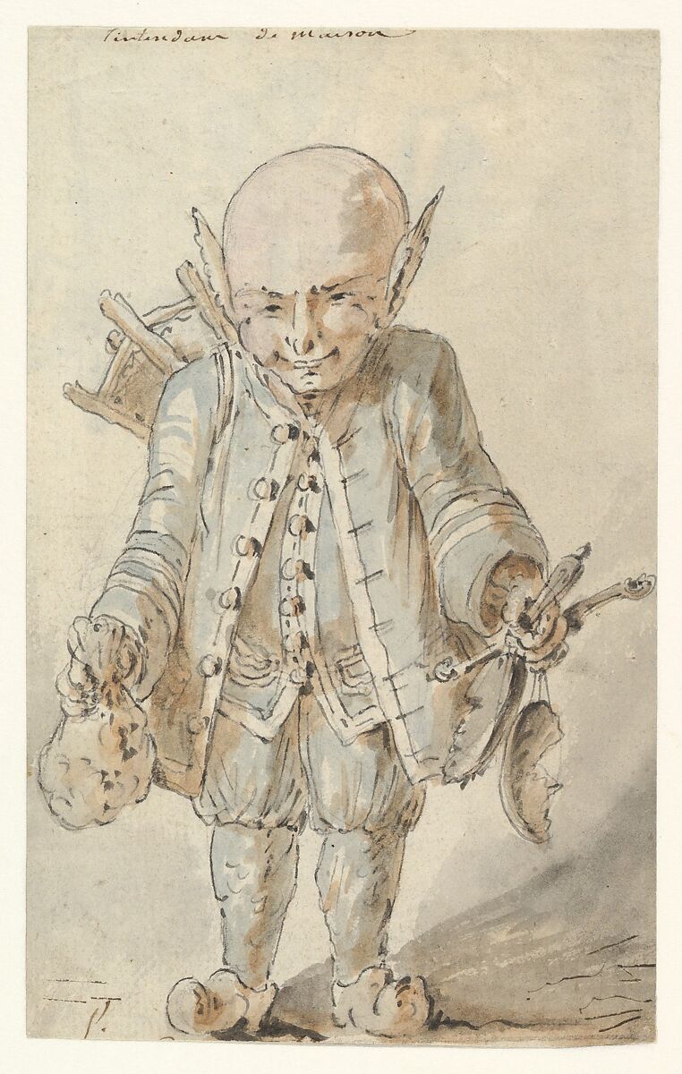 Caricature of  a Junkman [recto], Caricature of a School Master [verso], Jean Charles Delafosse (French, Paris 1734–1789 Paris), Pen and black ink with brush and brown, blue and pink washes over black chalk underdrawing [recto]
Pen and black ink with brush and gray, blue and pink washes over black chalk underdrawing. [verso] 