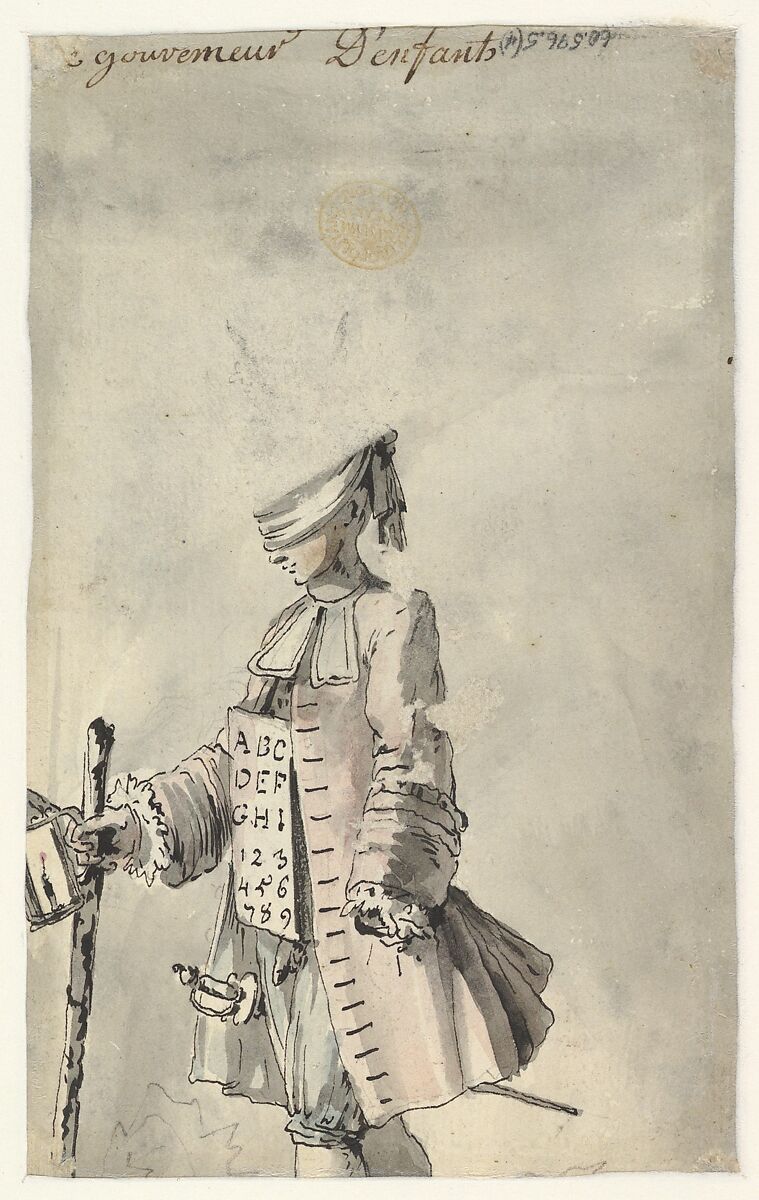 Caricature of a Junkman (recto); Caricature of a School Master (verso), Jean Charles Delafosse (French, Paris 1734–1789 Paris), Pen and black ink with brush and brown, blue and pink washes over black chalk underdrawing (recto); pen and black ink with brush and gray, blue and pink washes over black chalk underdrawing (verso)