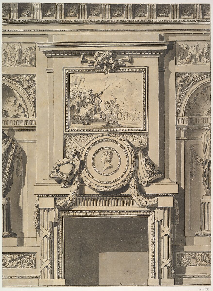 Design for a Chimneypiece, Jean Charles Delafosse (French, Paris 1734–1789 Paris), Pen and black ink, brush and gray wash 