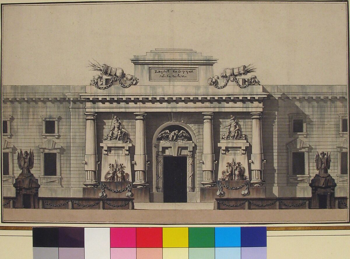 Elevation of the Entrance to an Arsenal, Attributed to Jean Charles Delafosse (French, Paris 1734–1789 Paris), Pen and black ink with brush and gray, brown and blue washes
