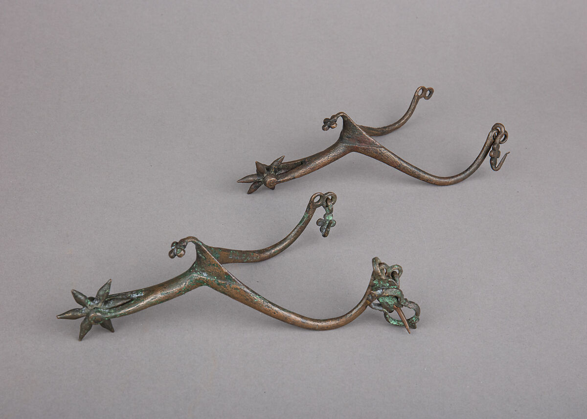 Pair of Rowel Spurs, Copper alloy, gold, European 