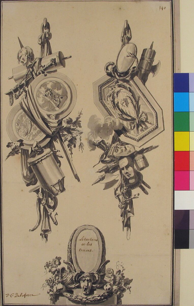 Two Designs for Trophies and a Cartouche, Jean Charles Delafosse (French, Paris 1734–1789 Paris), Pen and black ink with brush and gray wash