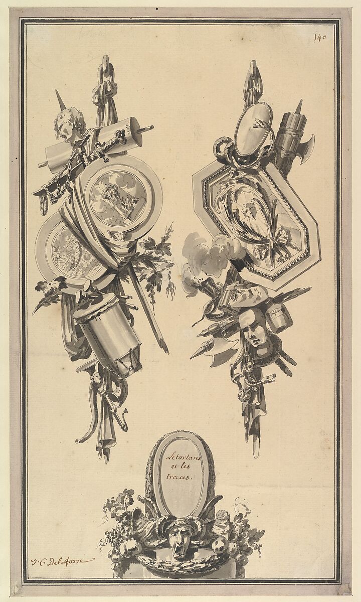 Two Designs for Trophies and a Cartouche, Jean Charles Delafosse (French, Paris 1734–1789 Paris), Pen and black ink with brush and gray wash 
