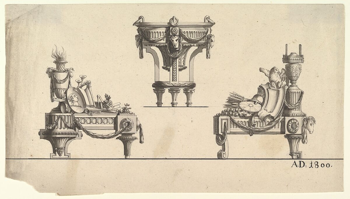 Three Designs for Architectural Trophies, Style of Jean Charles Delafosse (French, Paris 1734–1789 Paris), Pen and black ink, brush and gray wash, over graphite underdrawing 