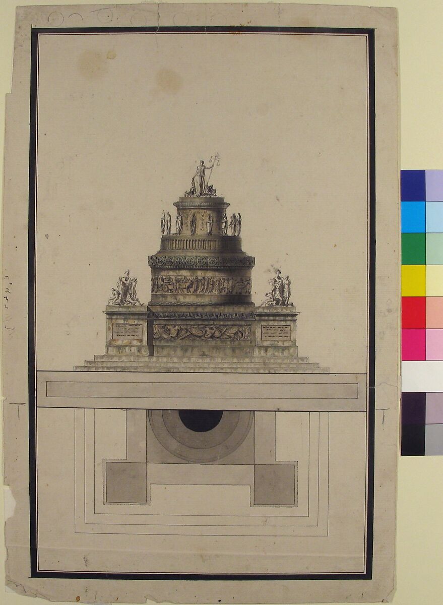 Elevation and Plan for a Round Mausoleum, Jean Charles Delafosse (French, Paris 1734–1789 Paris), Pen and black ink with brush and gray and brown wash over graphite underdrawing.
