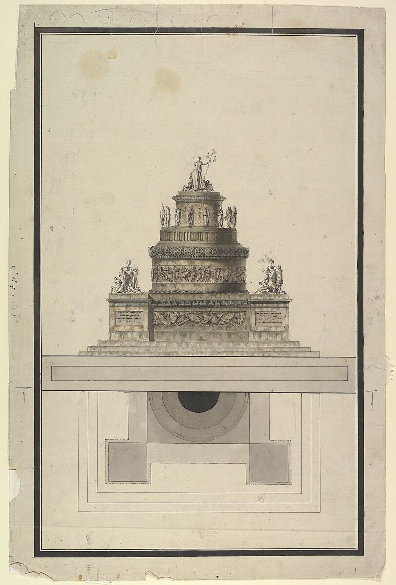 Elevation and Plan for a Round Mausoleum, Jean Charles Delafosse (French, Paris 1734–1789 Paris), Pen and black ink with brush and gray and brown wash over graphite underdrawing. 
