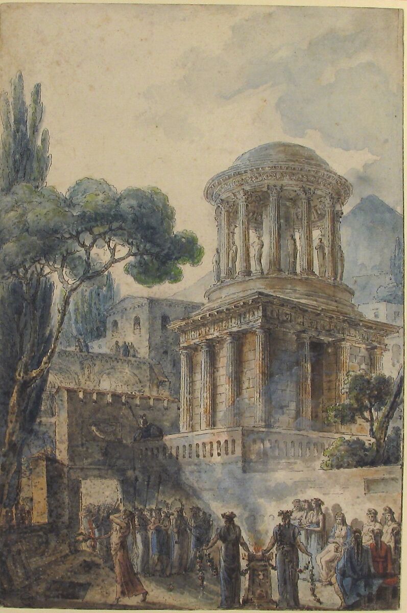 Ancient Scene with a Funeral Ceremony for an Actor, Louis Jean Desprez (French, Auxerre 1743–1804 Stockholm), Pen and black ink and watercolor