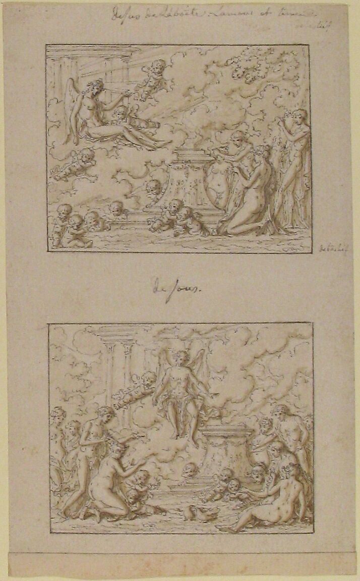 Designs for the Top and Bottom of a Small Rectangular Box, Louis Félix de La Rue (French, Paris 1731–1765 Paris), Pen and dark brown ink, brush and light brown wash, over black chalk, with framing lines around each design
