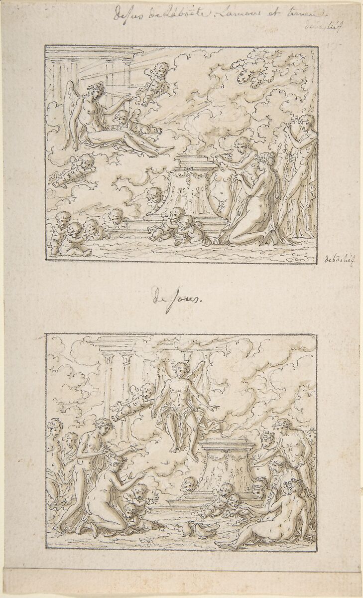 Designs for the Top and Bottom of a Small Rectangular Box, Louis Félix de La Rue (French, Paris 1731–1765 Paris), Pen and dark brown ink, brush and light brown wash, over black chalk, with framing lines around each design 