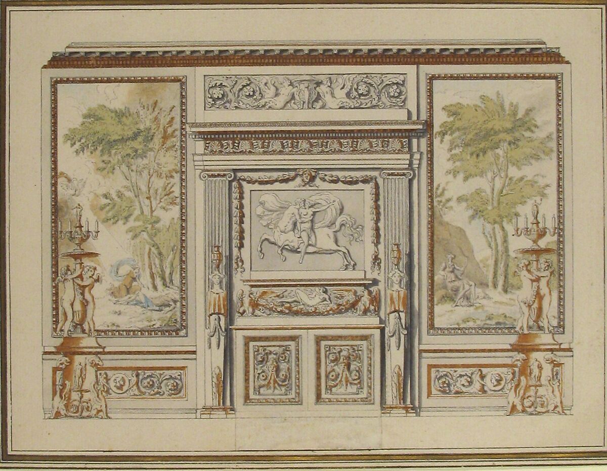 Design for a Wall Elevation, Etienne de Lavallée-Poussin (French, Rouen 1733–1793 Paris), Pen and black ink with brush and gray, brown, green, and blue washes over graphite underdrawing