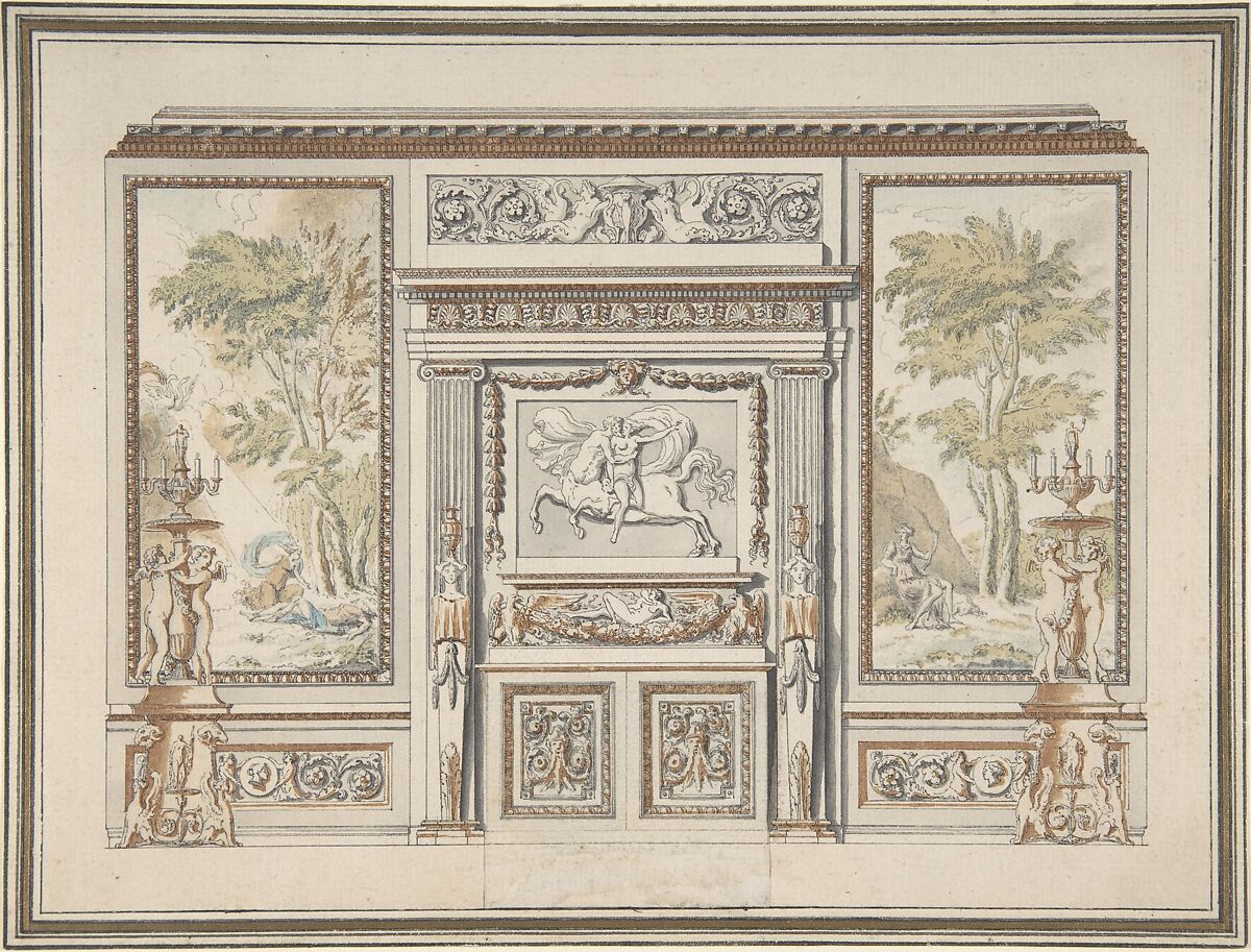 Design for a Wall Elevation, Etienne de Lavallée-Poussin (French, Rouen 1733–1793 Paris), Pen and black ink with brush and gray, brown, green, and blue washes over graphite underdrawing 