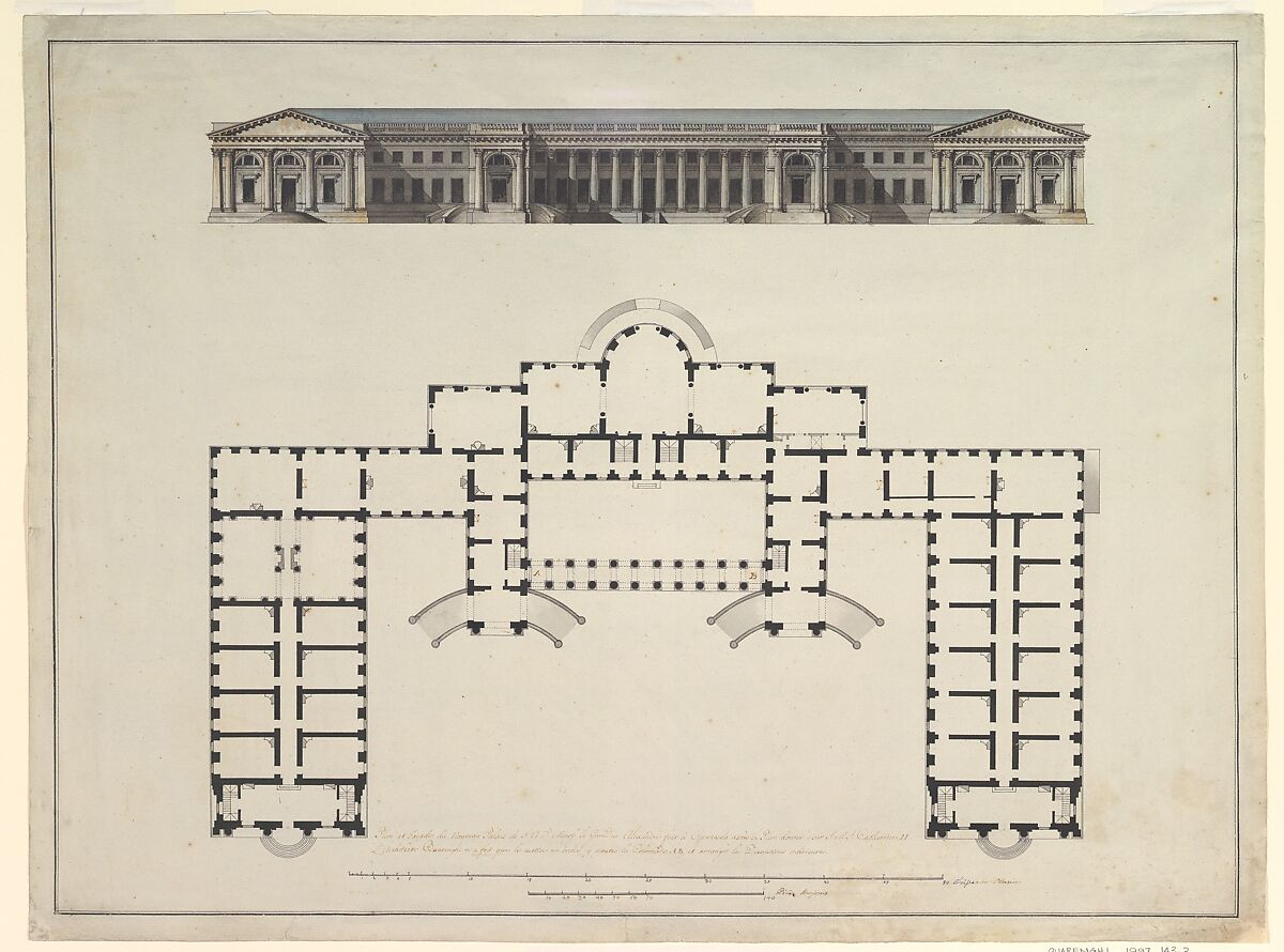 North Elevation and Ground Plan of the Alexander Palace at Tsarskoe Selo, Giacomo Quarenghi (Italian, Rota d&#39;Imagna near Bergamo 1744–1817 Saint Petersburg), Pen and black ink, brush and blue, gray, and ochre wash, over traces of compass and ruled construction lines in graphite; framing lines in pen and black ink 