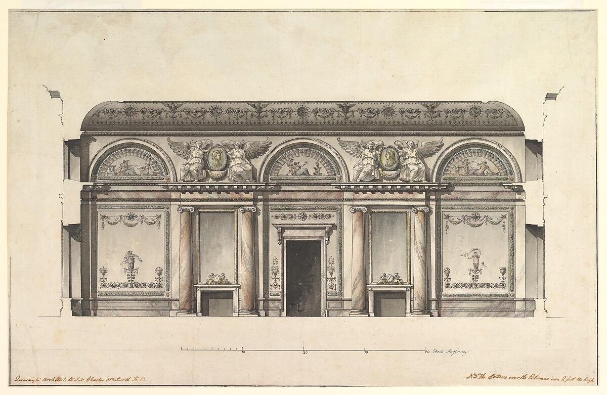 Central Salon of the Alexander Palace at Tsarskoe Selo, Giacomo Quarenghi (Italian, Rota d&#39;Imagna near Bergamo 1744–1817 Saint Petersburg), Pen and black ink, brush with gray, green, pink, blue, brown, and yellow wash, over ruled construction lines in graphite.  Fragments of framing lines in black ink 
