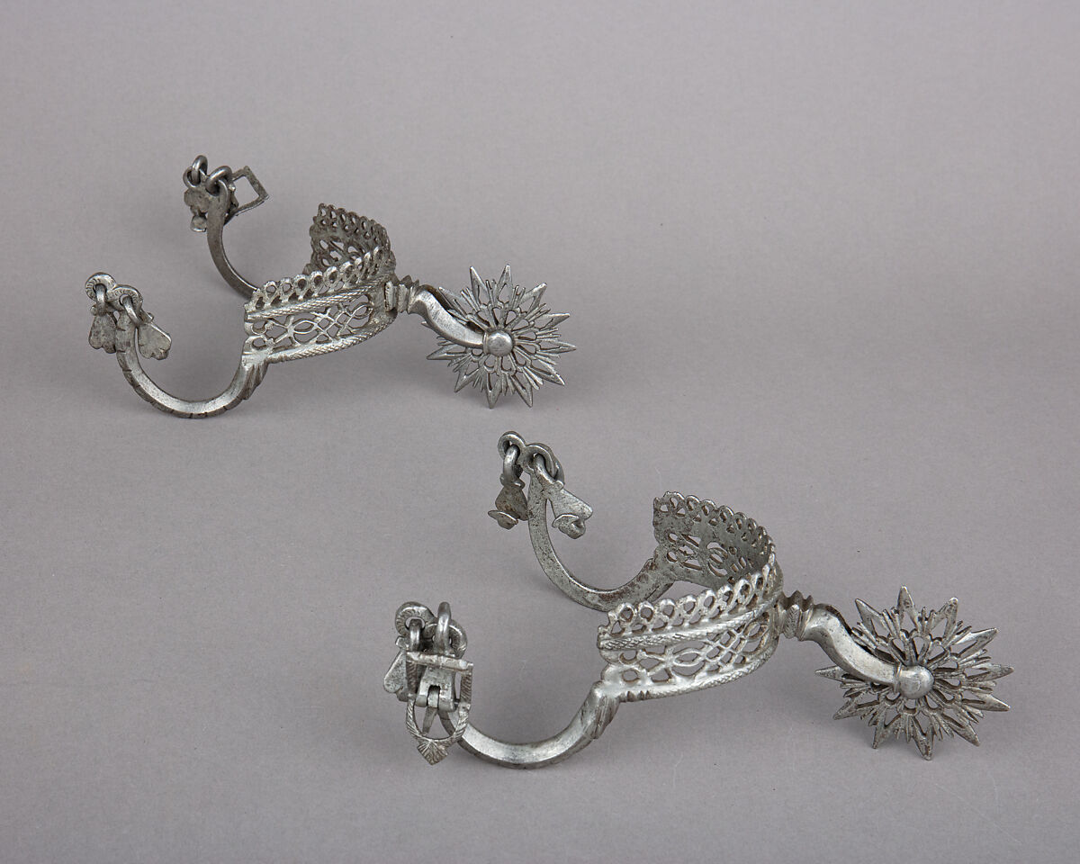 Pair of Rowel Spurs, Iron alloy, tin, German 