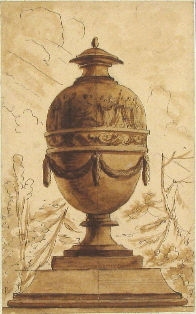 Study for a Vase in a Suite of Vase Designs, Louis Joseph Le Lorrain (French, Paris 1715–1759 Saint Petersburg), Pen and gray ink, brush and brown wash over graphite underdrawing