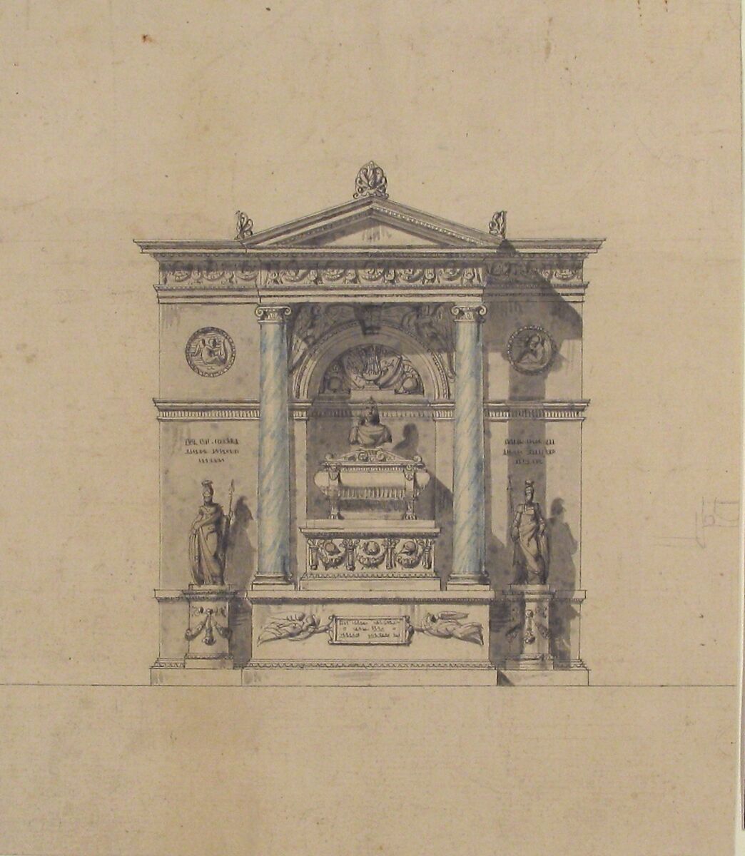 Elevation for a Wall Tomb, Attributed to Jean Michel Moreau le Jeune (French, Paris 1741–1814 Paris), Pen and black ink with brush and gray and blue wash over graphite underdrawing