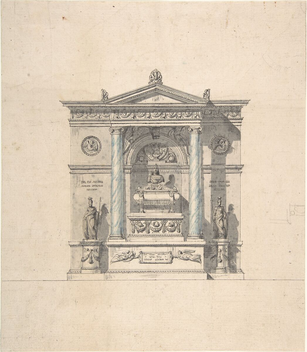 Elevation for a Wall Tomb, Attributed to Jean Michel Moreau le Jeune (French, Paris 1741–1814 Paris), Pen and black ink with brush and gray and blue wash over graphite underdrawing 