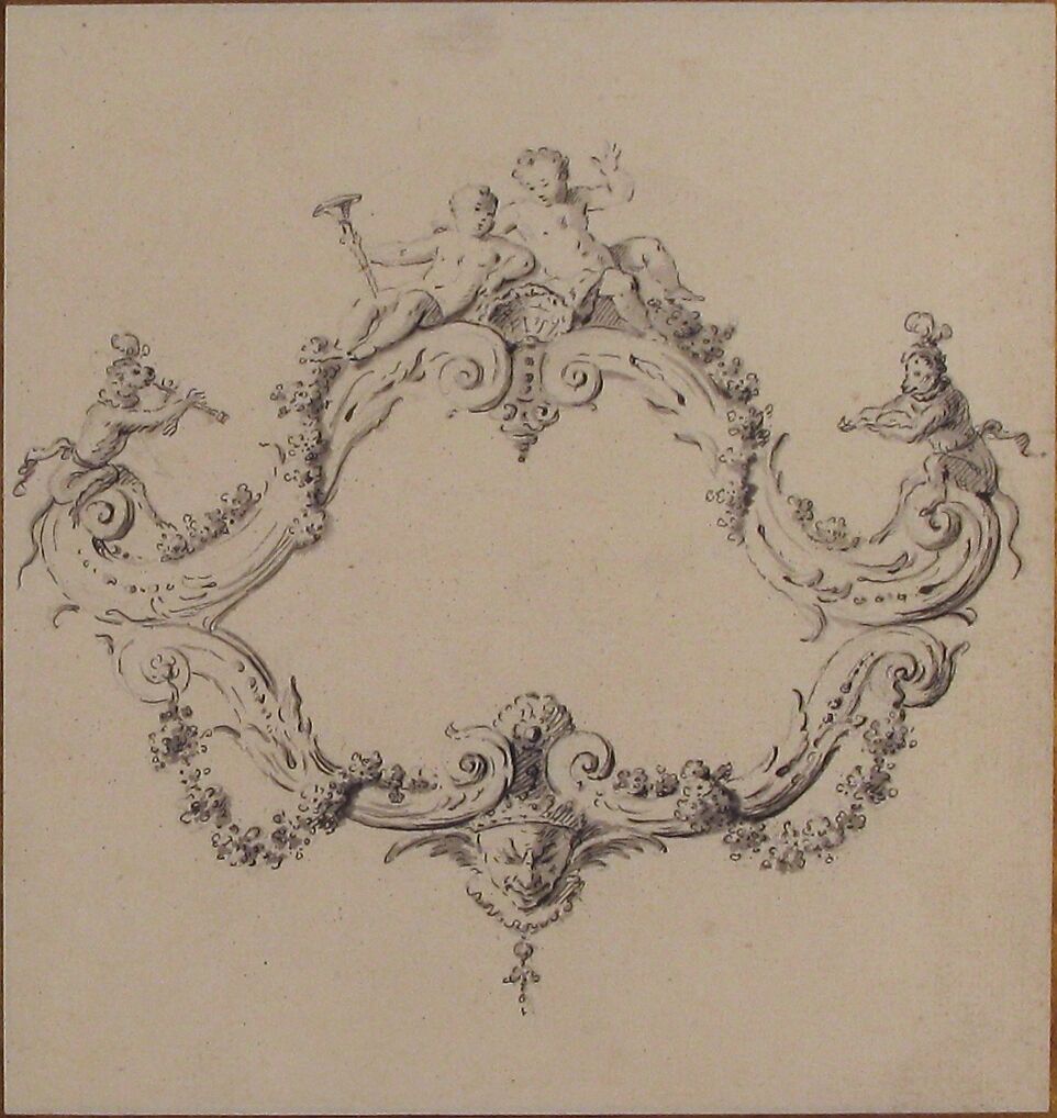 Design for a Rococo Cartouche with Putti and Monkeys, Clément Pierre Marillier (French, Dijon 1740–1808 Melun), Pen and black ink with brush and gray wash over black chalk underdrawing