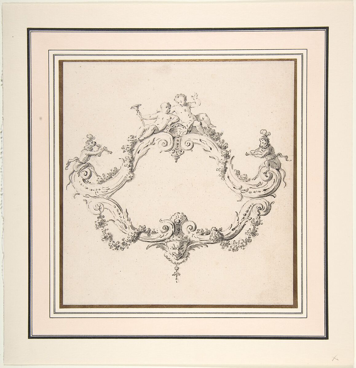 Design for a Rococo Cartouche with Putti and Monkeys, Clément Pierre Marillier (French, Dijon 1740–1808 Melun), Pen and black ink with brush and gray wash over black chalk underdrawing 