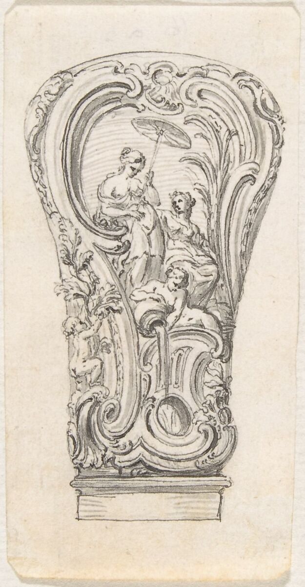 Design for a Repouseé Cane Handle, Juste Aurèle Meissonnier (French, Turin 1695–1750 Paris), Pen and gray ink with brush and gray wash over graphite underdrawing 