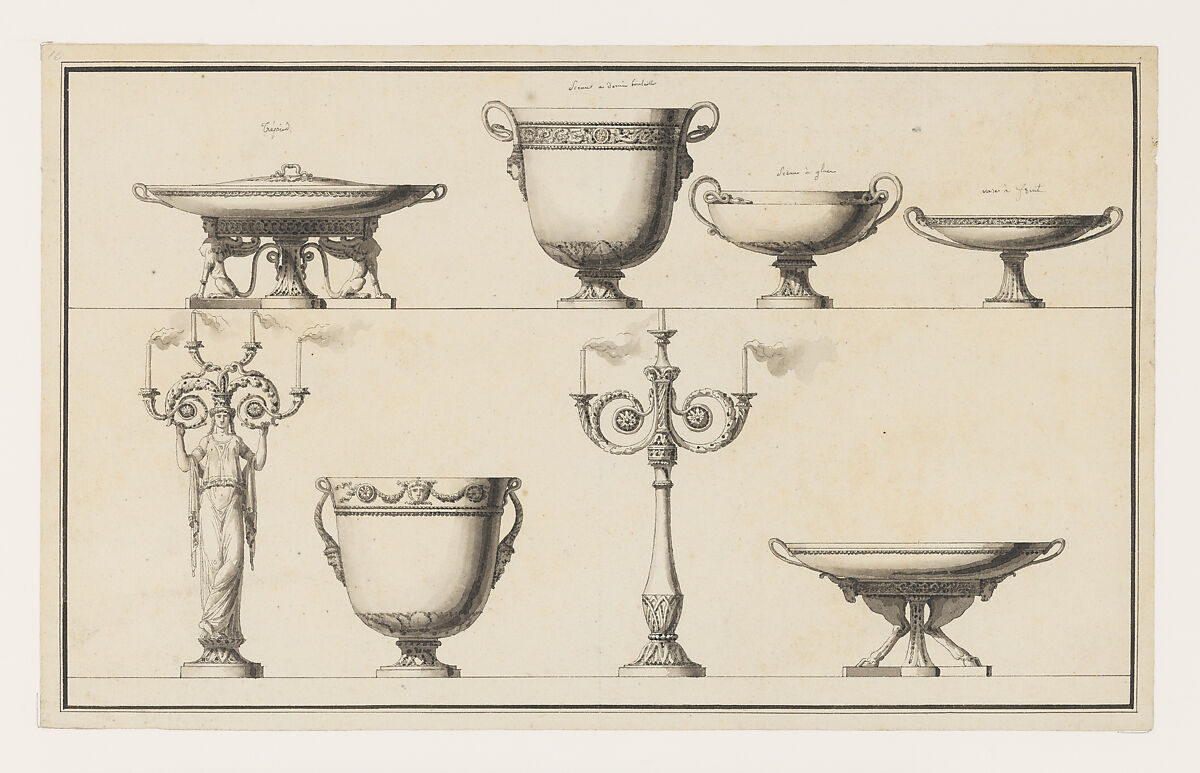 Designs for Silver, Jean Guillaume Moitte (French, Paris 1746–1810 Paris), Pen and black ink, brush and black and gray wash, with framing lines in pen and black ink. 