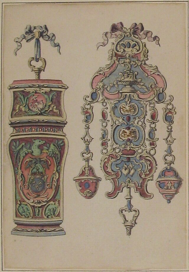 Designs for an Etui and a Chatelaine, Attributed to Pierre Moreau (French, 1722–1798 Paris), Pen and gray and black ink with brush and rose, violet, yellow, blue, and green wash. Two border lines in pen and black ink.