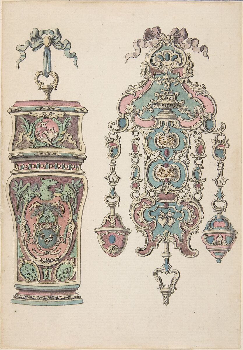 Designs for an Etui and a Chatelaine, Attributed to Pierre Moreau (French, 1722–1798 Paris), Pen and gray and black ink with brush and rose, violet, yellow, blue, and green wash. Two border lines in pen and black ink. 