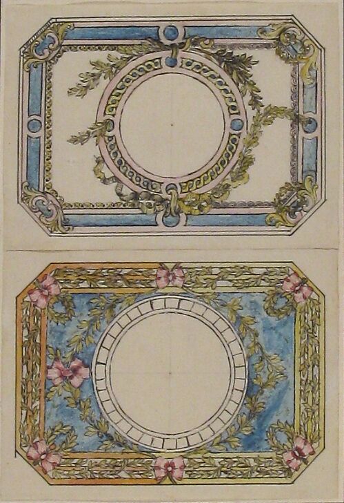 Two Separate Designs for the Top and Bottom of a Rectangular Gold Enameled Box with Canted Corners, Attributed to Pierre Moreau (French, 1722–1798 Paris), Pen and black ink with brush and rose, crimson, green and gold wash
