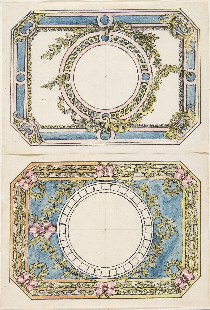 Two Separate Designs for the Top and Bottom of a Rectangular Gold Enameled Box with Canted Corners, Attributed to Pierre Moreau (French, 1722–1798 Paris), Pen and black ink with brush and rose, crimson, green and gold wash 