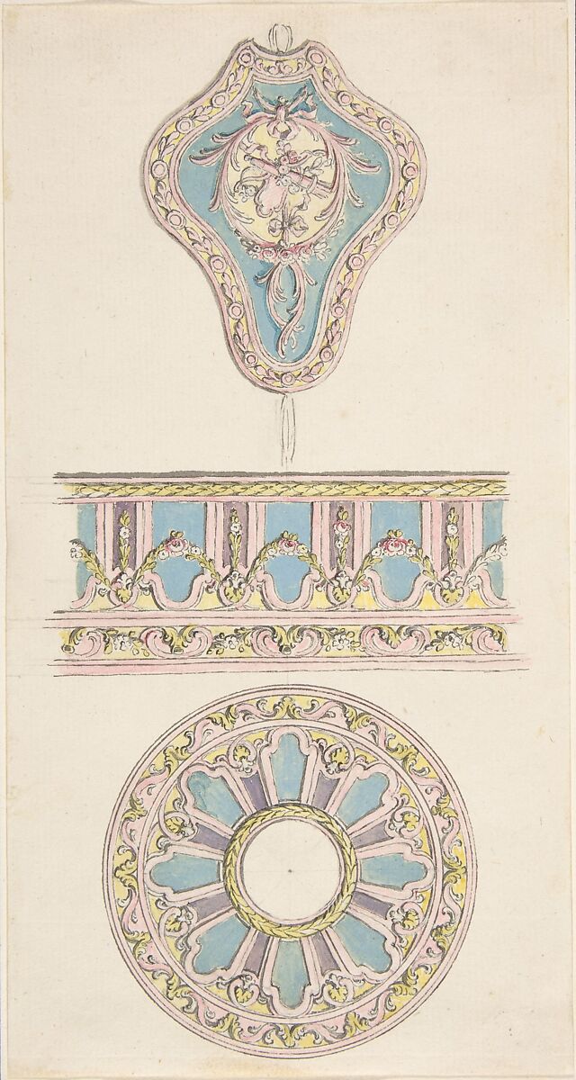 Design for a Snuff Box, Attributed to Pierre Moreau (French, 1722–1798 Paris), Pen and gray ink with brush and rose, yellow, violet, blue and green wash 