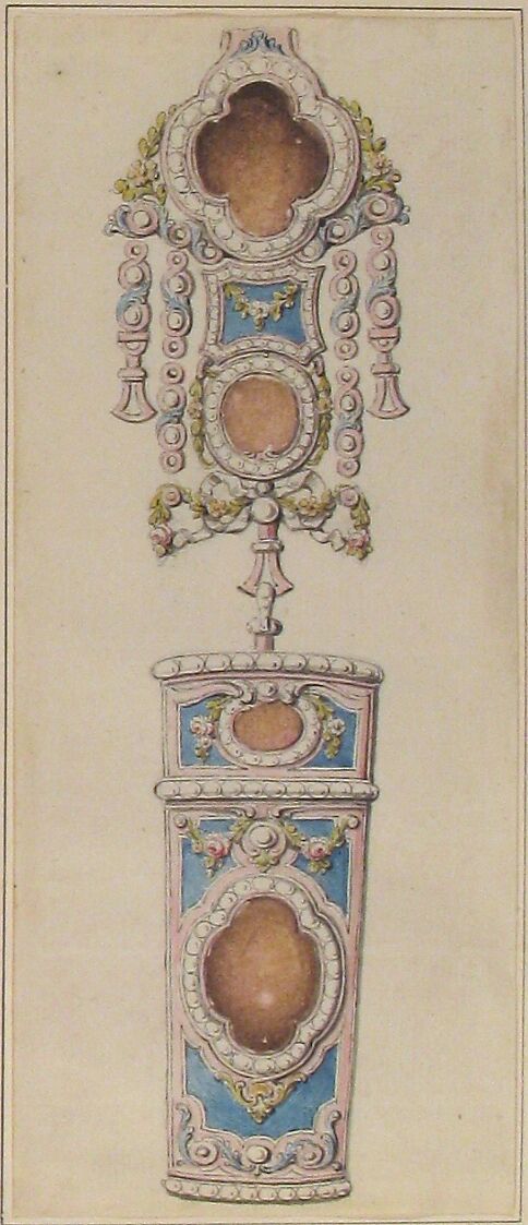 Designs for a Chatelaine and an Etui, Attributed to Pierre Moreau (French, 1722–1798 Paris), Pen and gray ink with brush and rose, blue and green wash